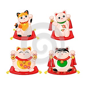 Japanese collection of Maneki Neko cats in the kartun style. Traditional White Happy Cat Doll with Fish, Bells. Vector