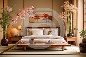 Japanese concept bedroom interior window house background furniture luxurious modern