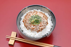 Japanese cooked white rice with Natto