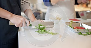 Japanese, cooking and hands of woman with vegetables in home chop with a knife on kitchen counter. Healthy, meal prep