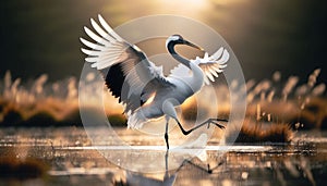 Japanese Crane Dancing in a Marsh