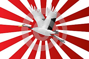 Japanese crane flying onJapanese navy flag red rising sun background