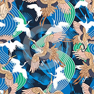 Japanese crane wave seamless pattern