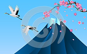Japanese cranes flying over Fuji mountain and Sakura cherry blossom blooming