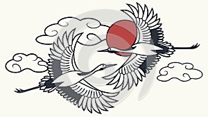 Japanese Cranes and Sun Vector for Longevity and Harmony, vector design Generative AI photo