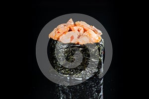 Japanese cuisine. Appetizing Gunkan Spicy Sake roll with rice, s