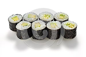 Japanese cuisine. Avocado maki. Sushi roll with avocado on white background