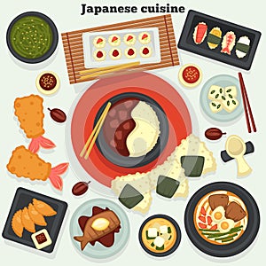 Japanese cuisine dishes and meals oriental food and seafood