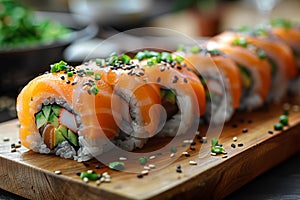 Japanese Cuisine Essentials Salmon Sushi Rolls with Glistening Roe Accents, Menu Restaurant