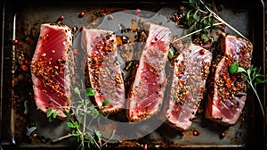 Japanese cuisine. Fried tuna on a metal tray