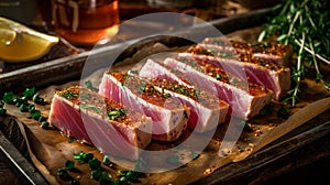 Japanese cuisine. Fried tuna on a metal tray