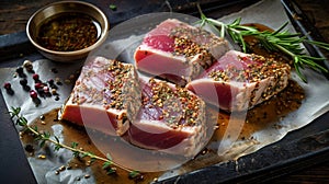 Japanese cuisine. Fried tuna on a metal tray