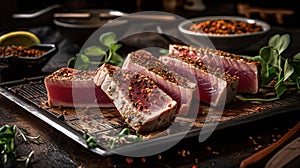 Japanese cuisine. Fried tuna on a metal tray