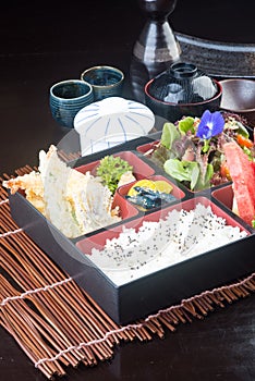 japanese cuisine. lunch box set on the background