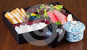 Japanese cuisine. lunch box set on background