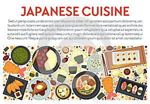 Japanese cuisine menu banner, food of Japan and seafood