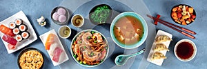 Japanese cuisine panorama. Various dishes of Japan, overhead flat lay shot