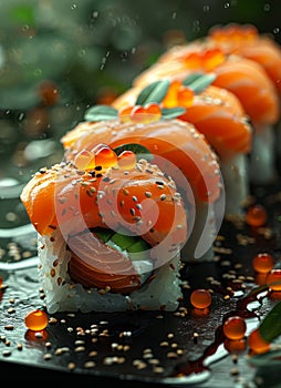 Japanese cuisine. Salmon sushi nigiri on black plate over dark background