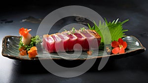 Japanese cuisine. Seared tuna on a ceramic plate