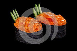 Japanese cuisine. Spicy gunkan maki sushi