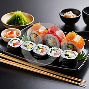 Japanese Cuisine Sushi Seafood Sushi Set Nigiri and Sushi Rolls with Rice Fish and Vegetables Delicious Food Savor Culinary Art