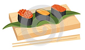 Japanese Cuisine Sushi Set Gunkanmaki Ikura with Salmon Roe, Tobiko with Flying Fish Roe or Uni with Sea Urchin on Board photo