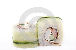 Japanese Cuisine, Sushi Set: roll with salmon, cream cheese, cucumber on a white background.