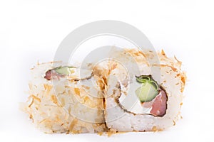 Japanese Cuisine, Sushi Set: roll with shavings of tuna, smoked salmon, cream cheese, green onions, cucumber on a white background