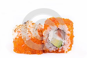 Japanese Cuisine, Sushi Set: sushi and sushi rolls in caviar with salmon, cheese and avocado on a white background.