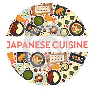 Japanese cuisine traditional dishes icons set in circle