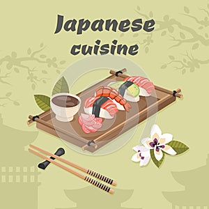 Japanese cuisine. Traditional oriental dish closeup with nigiri sushi roll, sashimi raw fish, seafood, shrimp, avocado, sakura