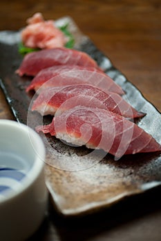 Japanese Cuisine Tuna Sushi and sake