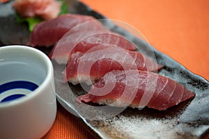 Japanese Cuisine Tuna Sushi and sake