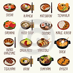 Japanese cuisine vector illustration set