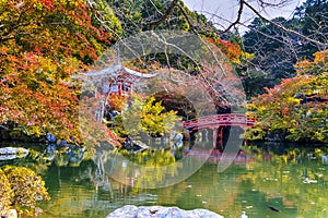 Japanese Cultural Heritage. Serene Famous Daigo-ji Temple During Beautiful Red Maples Autumn Season at Kyoto City in Japan