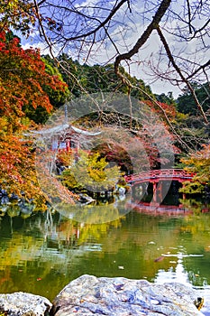 Japanese Cultural Heritage. Serene Famous Daigo-ji Temple During Beautiful Red Maples Autumn Season at Kyoto City in Japan