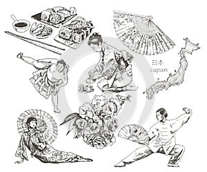 Japanese Culture Attributes and People with Hand Fan and Geisha Sitting with Umbrella Vector Illustrations Set