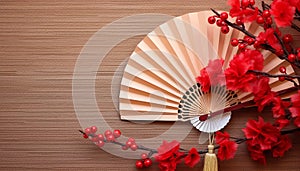 Japanese culture folding fan, hand fan, wood, material, generated by AI