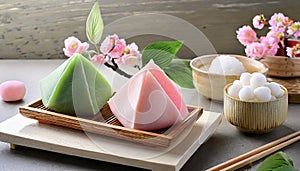 Japanese culture. An image of Hinamatsuri.Pink, green and white food