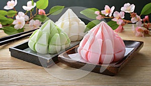 Japanese culture. An image of Hinamatsuri.Pink, green and white food