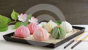 Japanese culture. An image of Hinamatsuri.Pink, green and white food