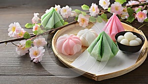 Japanese culture. An image of Hinamatsuri.Pink, green and white food