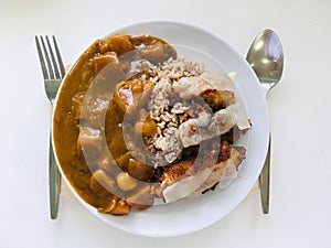 Japanese curry rice with crispy fried pork, top view