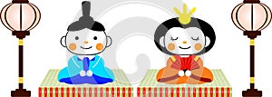 Japanese cute Hina dolls on tatami sheet with paper lantern