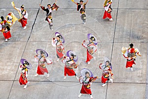 Japanese dancers typical dressed in Japanese kimonos at welcome ceremony for cruisers in Kanazawa, Japan