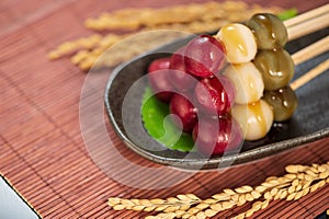 Japanese Dango dessert with 3 different color photo