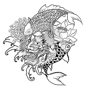 Japanese Demon mask and carp fish tattoo design.hand drawn Oni mask with chrysanthemum flower and koi fish with lotus tattoo. photo