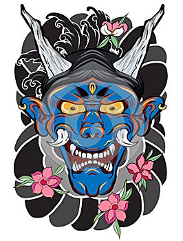 Japanese demon mask tattoo for arm. hand drawn Oni mask with cherry blossom and peony flower. Japanese demon mask on wave and saku