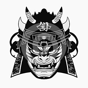 Japanese Demon Oni Mask Design. Black masked samurai.