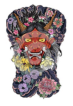 Japanese Demon`s mask tattoo design full back body.The Oni mask with water splash and peony flower,cherry blossom